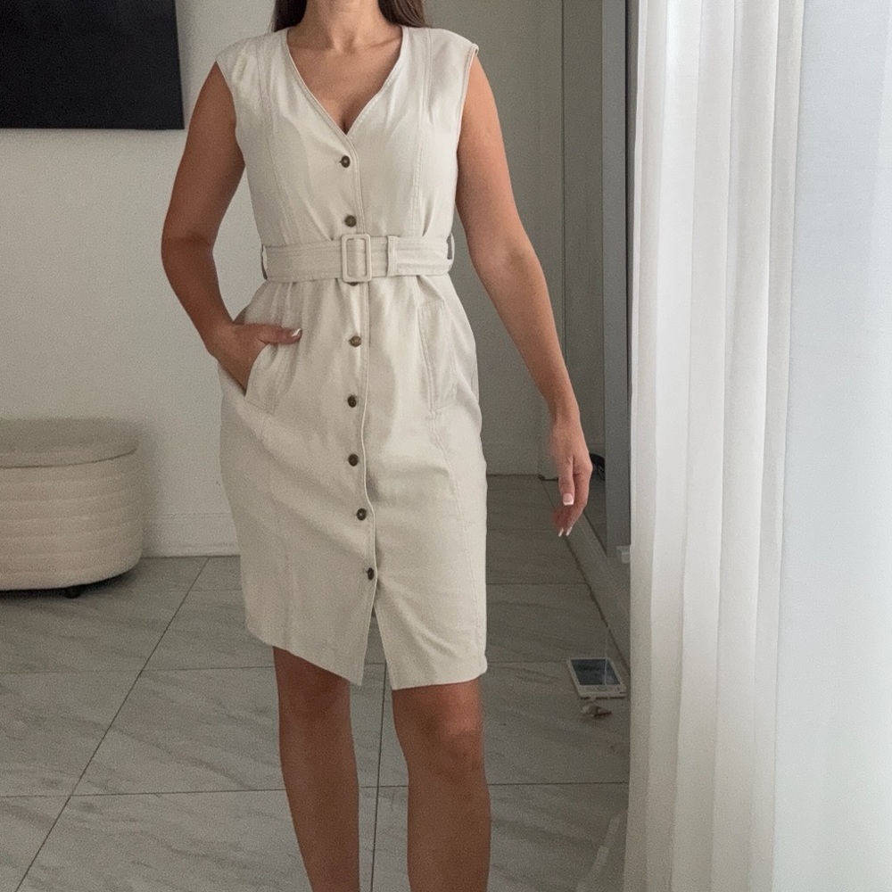Calvin Klein Cream Sleeveless Belted Midi Dress
